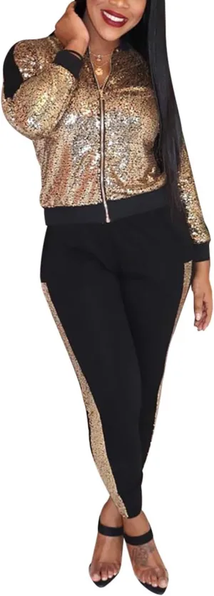 SIAEAMRG Women 2 Piece Glitter Sequin Outfits Tracksuit, Jacket Tops Log Pants Sparkle Sweatsuit Club Wear