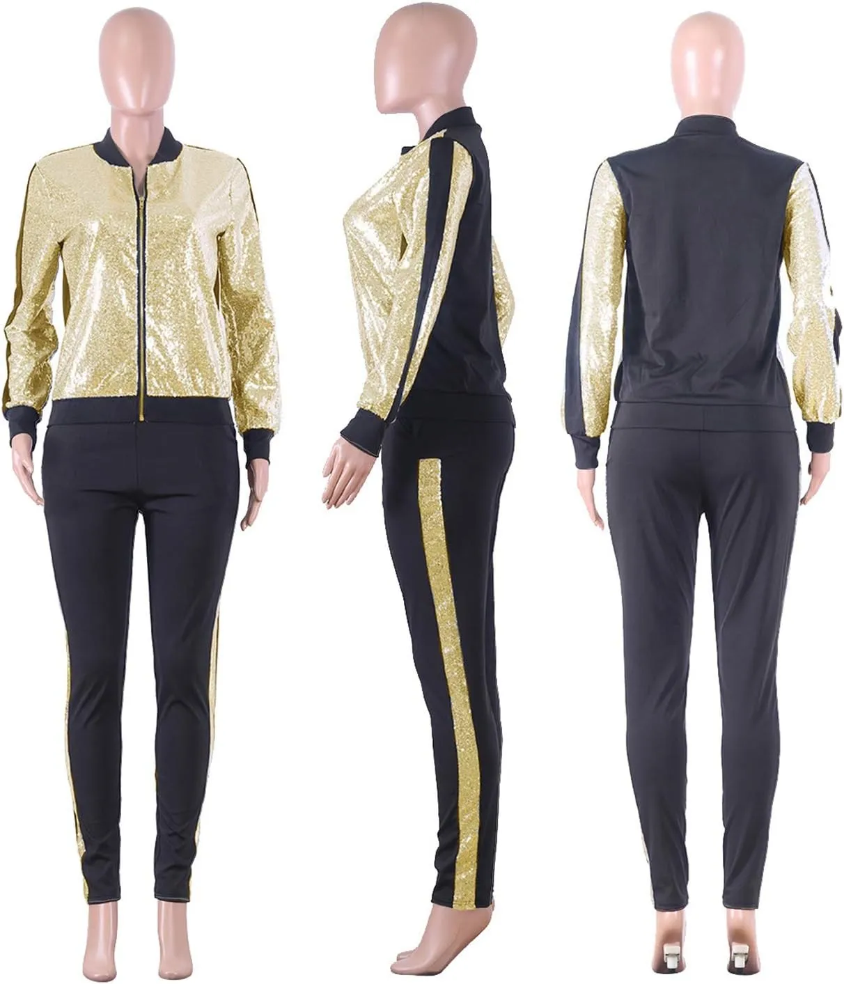 SIAEAMRG Women 2 Piece Glitter Sequin Outfits Tracksuit, Jacket Tops Log Pants Sparkle Sweatsuit Club Wear