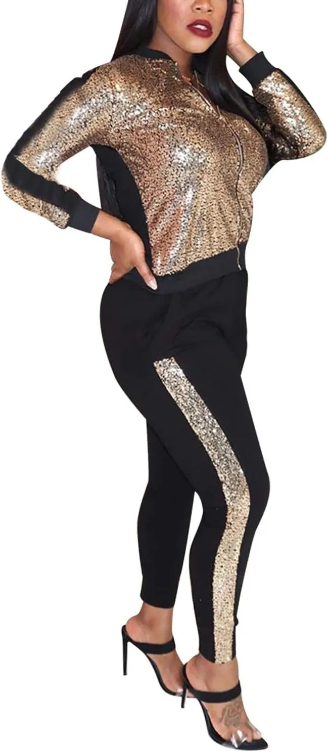SIAEAMRG Women 2 Piece Glitter Sequin Outfits Tracksuit, Jacket Tops Log Pants Sparkle Sweatsuit Club Wear