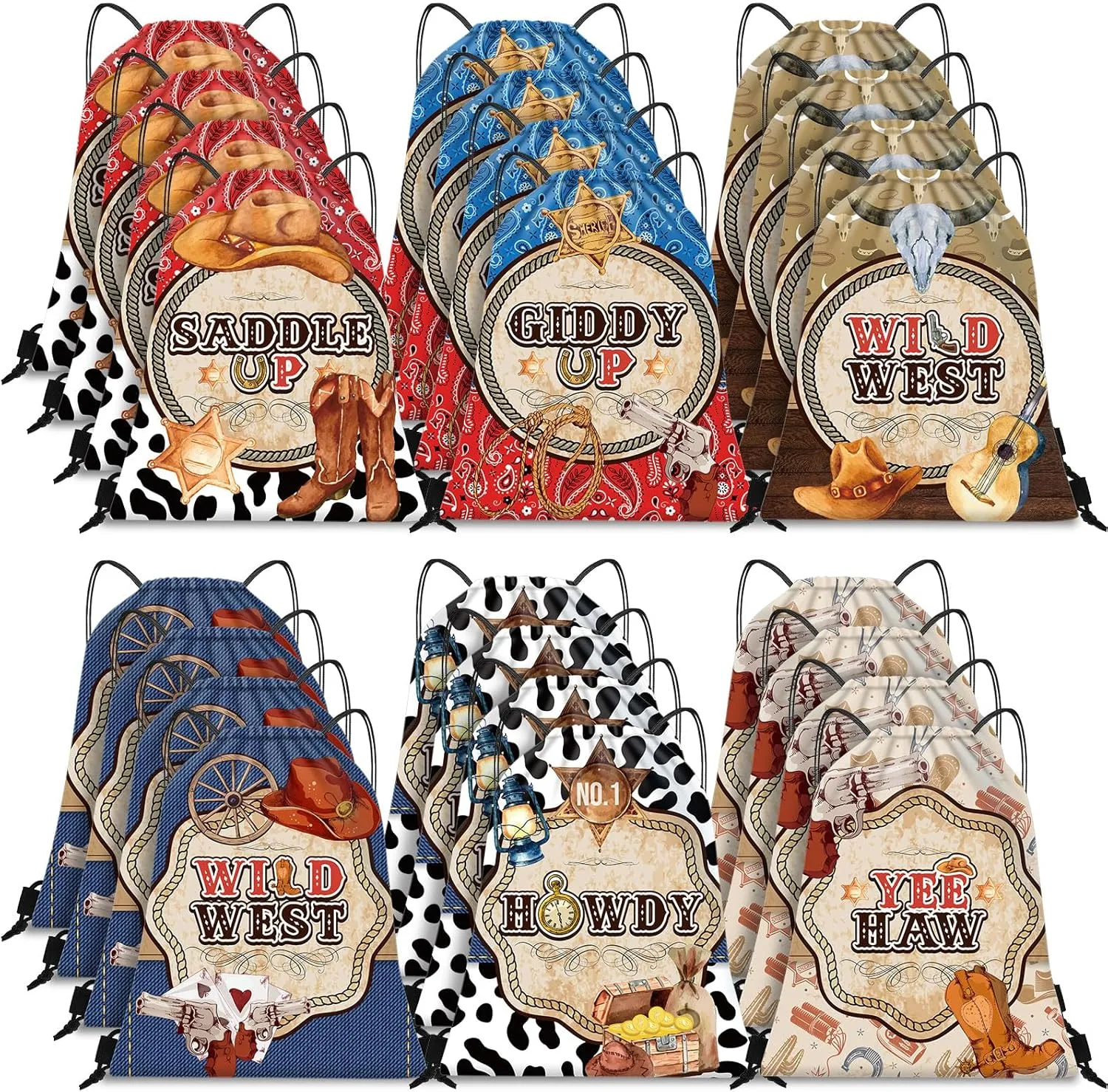 Silkfly 12 Pcs Wild Western Cowboy Party Drawstring Backpack Bag Beach Sports Cinch Bag for Cowgirl Birthday Supplies