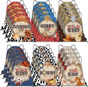 Silkfly 12 Pcs Wild Western Cowboy Party Drawstring Backpack Bag Beach Sports Cinch Bag for Cowgirl Birthday Supplies