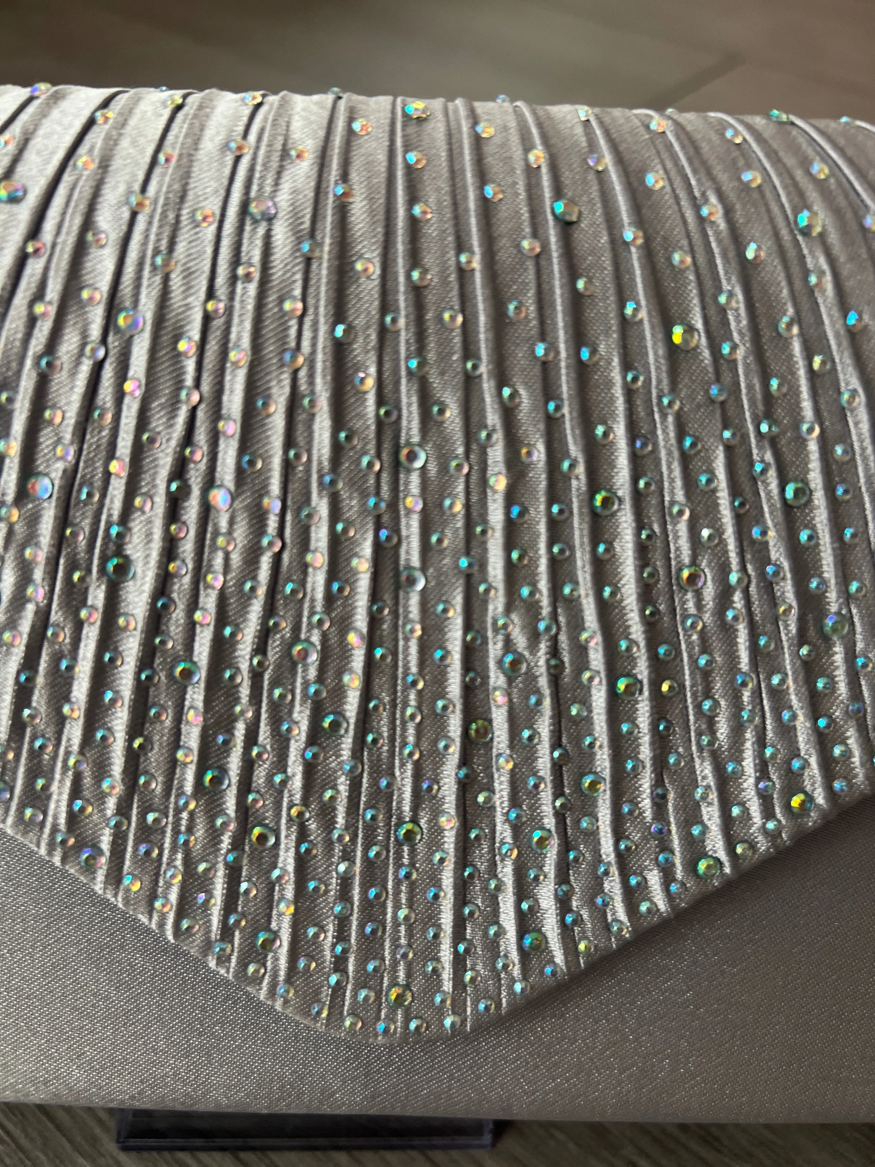 Silver Grey Envelope Clutch Bag with Rhinestones