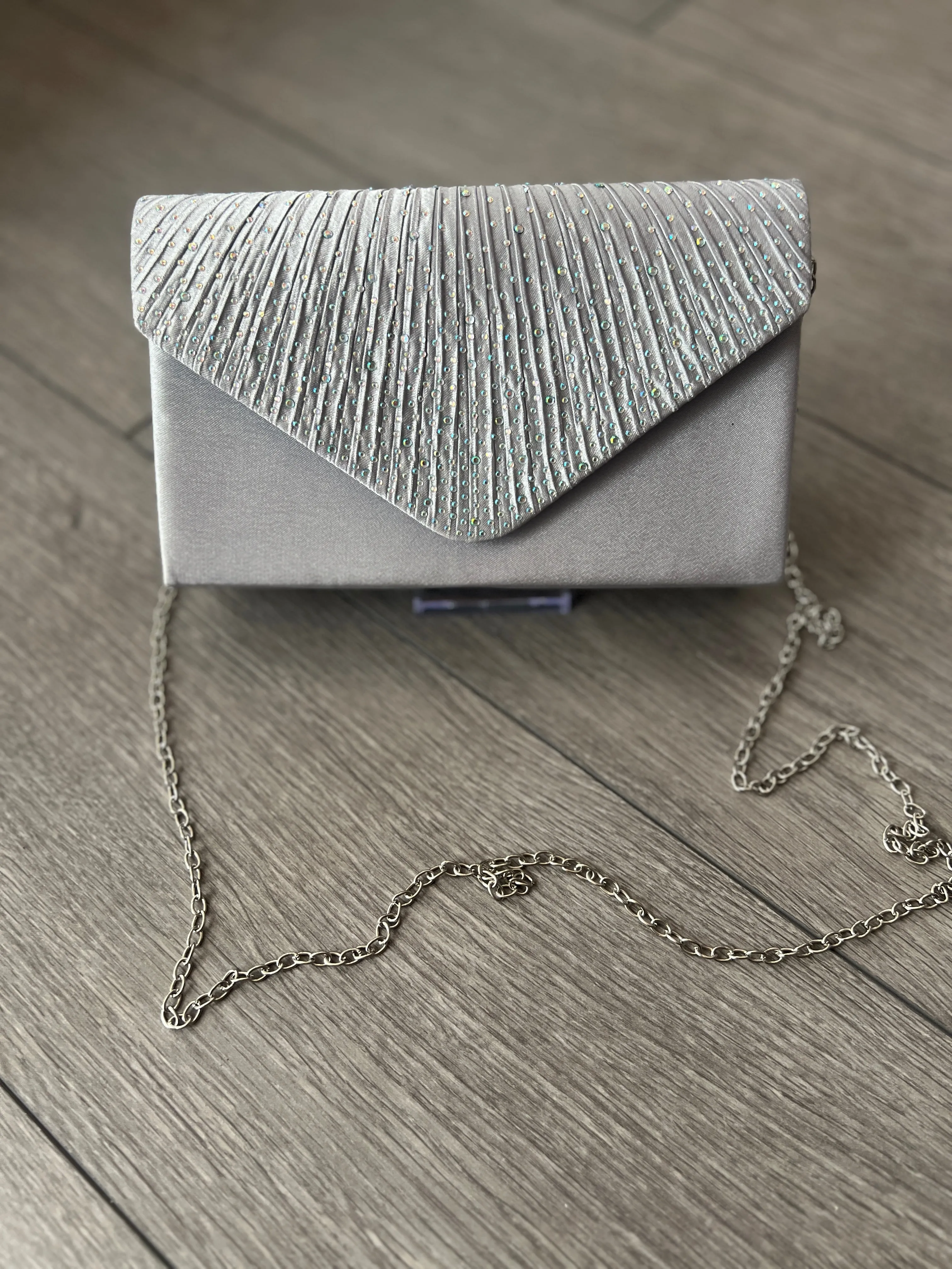Silver Grey Envelope Clutch Bag with Rhinestones