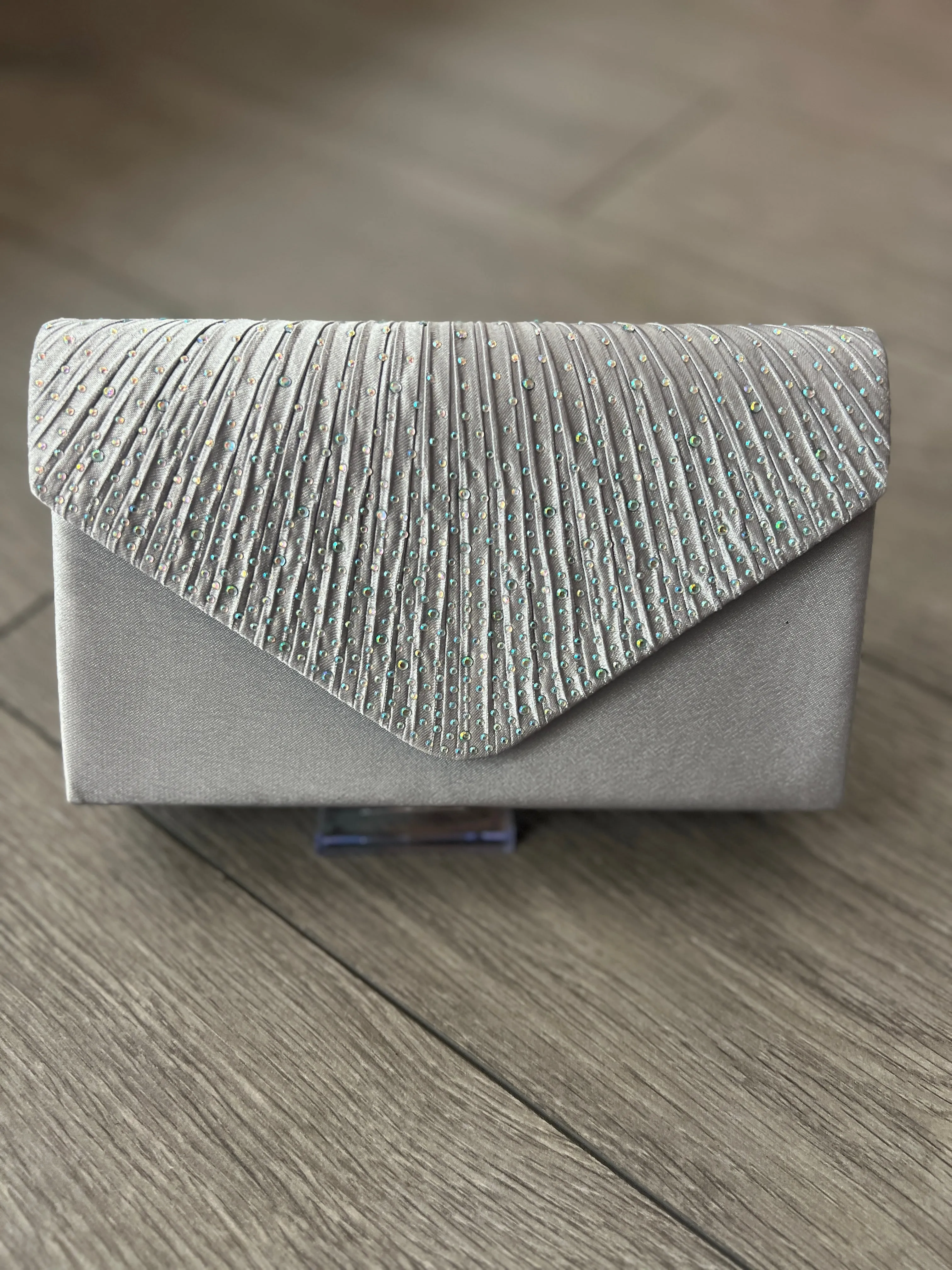 Silver Grey Envelope Clutch Bag with Rhinestones