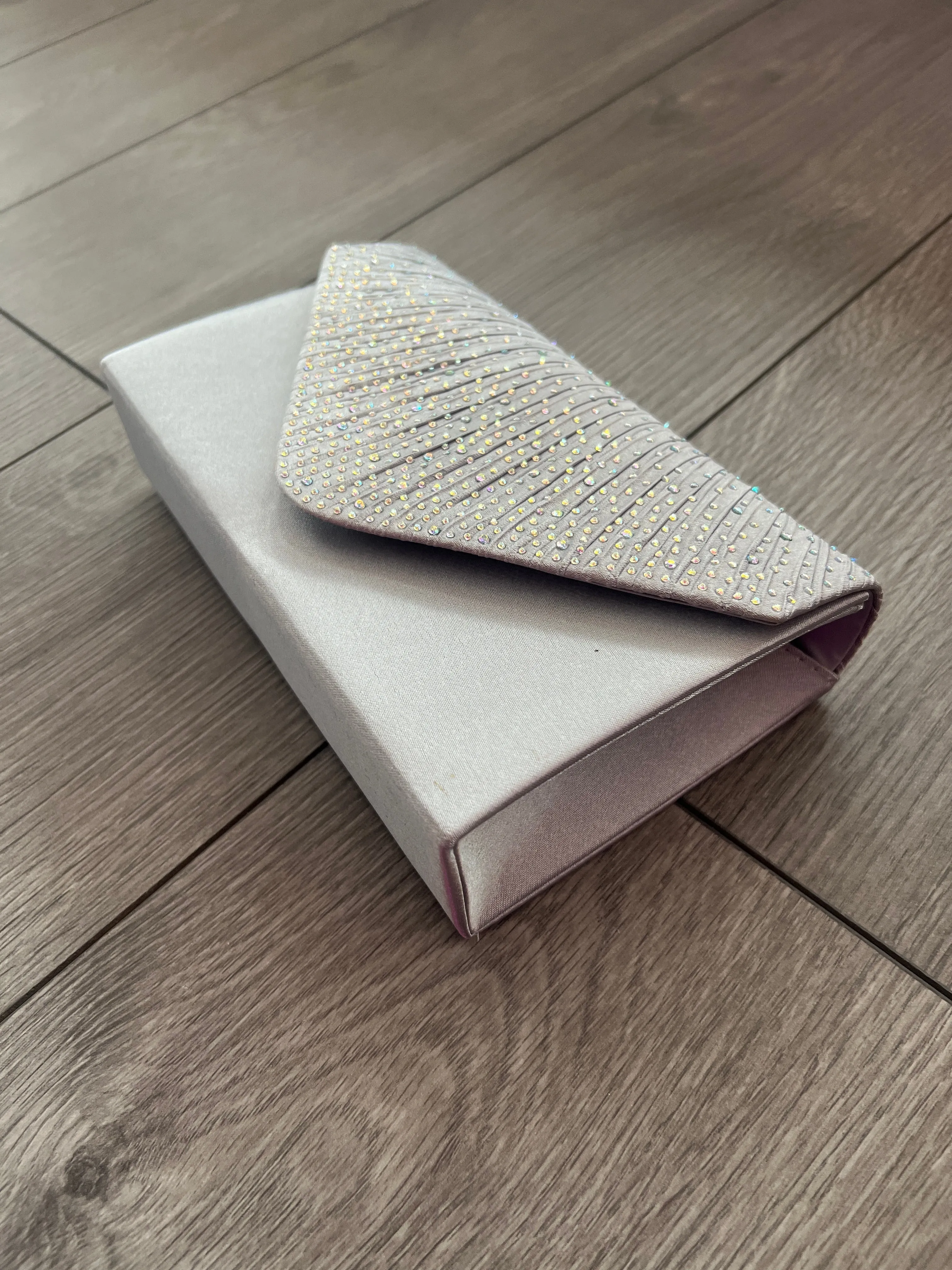 Silver Grey Envelope Clutch Bag with Rhinestones