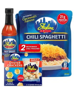 Skyline Chili & Spaghetti Bundle Pack – 2 Chili & Spaghetti Pouches, 1 Skyline Hot Sauce Bottle, 25 Skyline Oyster Cracker Bags - Cincinnati Flavor for Easy, Hearty Meals & Snacks