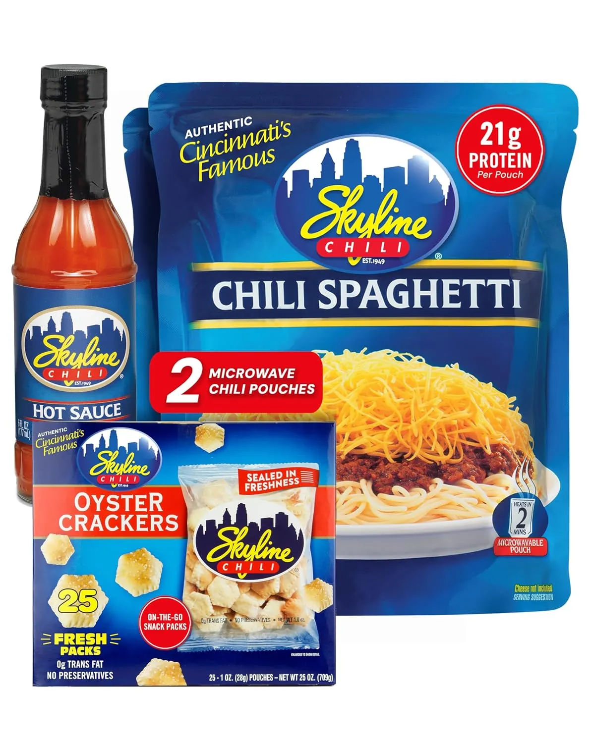 Skyline Chili & Spaghetti Bundle Pack – 2 Chili & Spaghetti Pouches, 1 Skyline Hot Sauce Bottle, 25 Skyline Oyster Cracker Bags - Cincinnati Flavor for Easy, Hearty Meals & Snacks