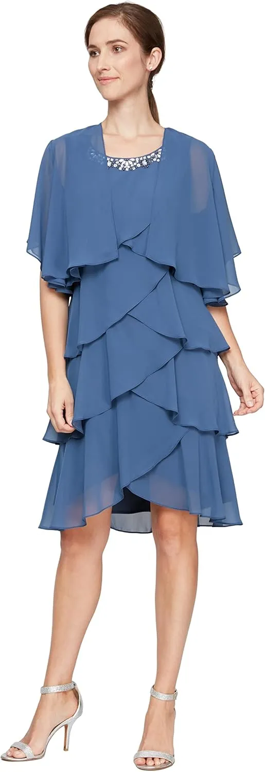 S.L. Fashions Women's Chiffon Tier Jacket Knee Length Dress