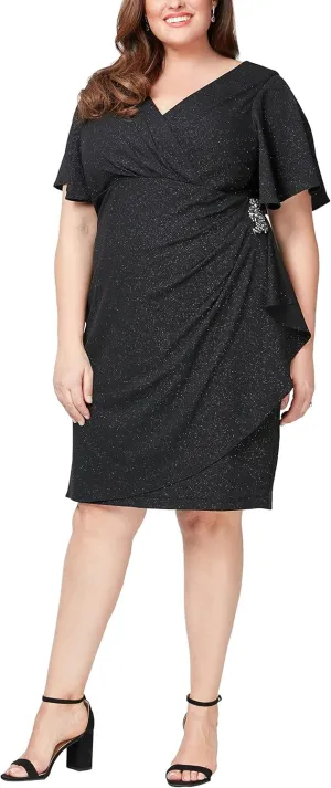 S.L. Fashions Women's Metallic Knit Sheath Cocktail Dress with Flutter Sleeves & Beaded Hip Detail (Plus Size)
