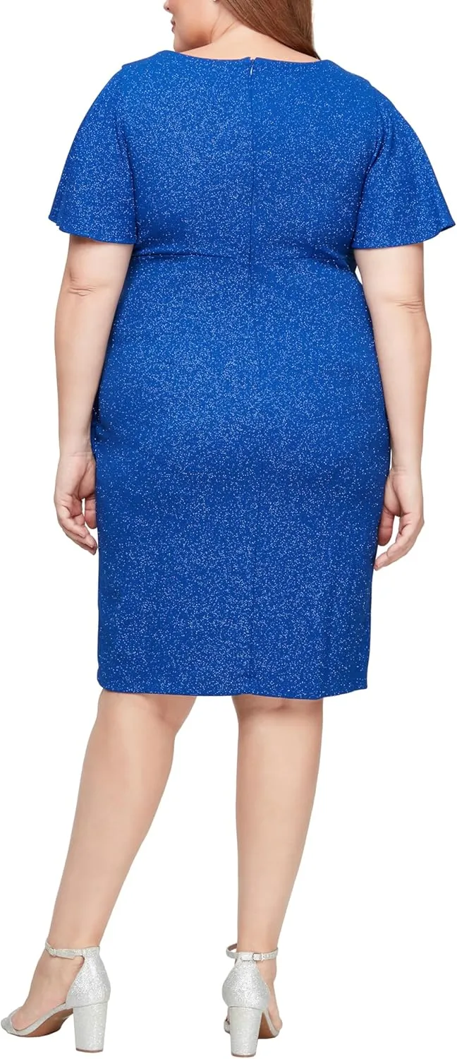S.L. Fashions Women's Metallic Knit Sheath Cocktail Dress with Flutter Sleeves & Beaded Hip Detail (Plus Size)