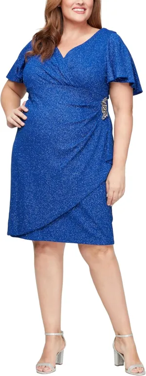 S.L. Fashions Women's Metallic Knit Sheath Cocktail Dress with Flutter Sleeves & Beaded Hip Detail (Plus Size)