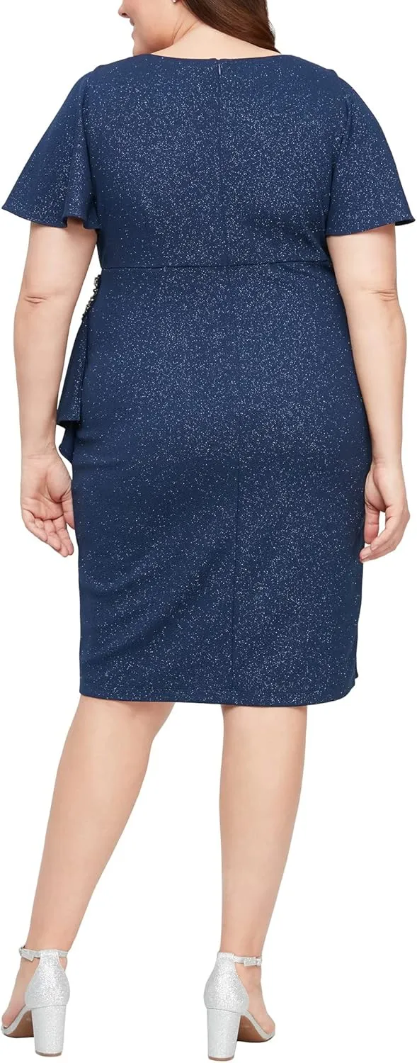 S.L. Fashions Women's Metallic Knit Sheath Cocktail Dress with Flutter Sleeves & Beaded Hip Detail (Plus Size)
