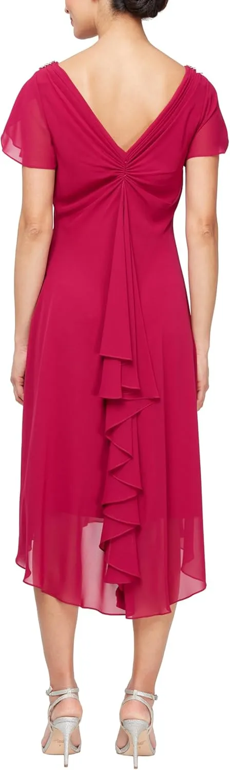 S.L. Fashions Women's Midi Cowl Neck Dress with Flutter Sleeve and Embellishment at Shoulder