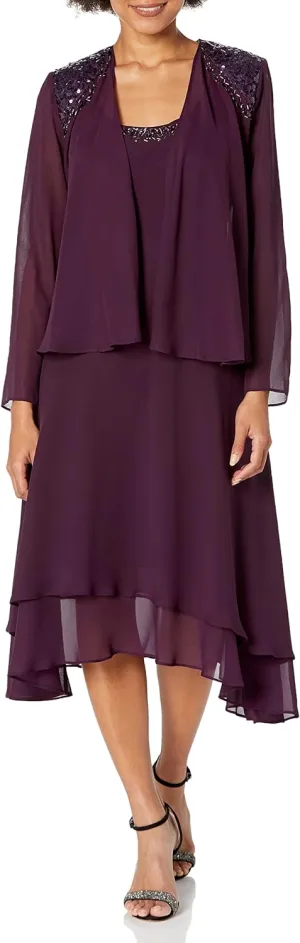 S.L. Fashions Women's Mother of the Bride Dress w/ Embellished Neckline & Shoulder, Wedding Guest (Petite and Regular Sizes)