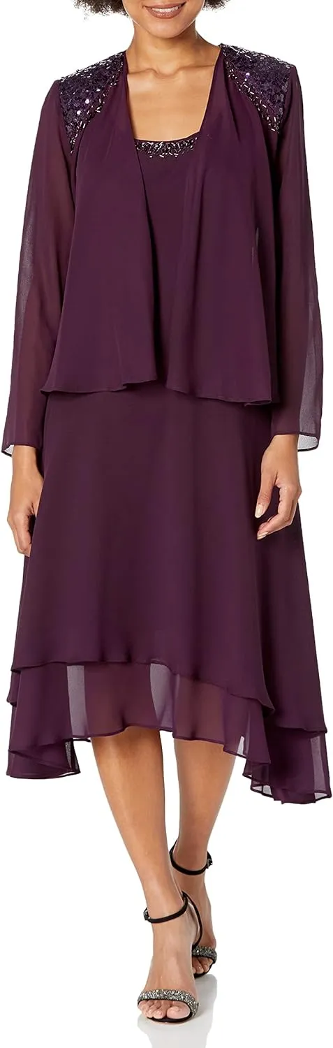S.L. Fashions Women's Mother of the Bride Dress w/ Embellished Neckline & Shoulder, Wedding Guest (Petite and Regular Sizes)