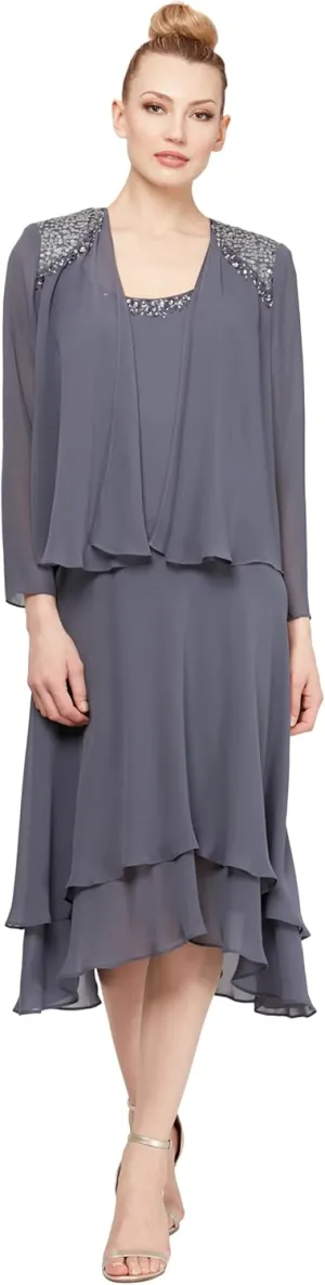 S.L. Fashions Women's Mother of the Bride Dress w/ Embellished Neckline & Shoulder, Wedding Guest (Petite and Regular Sizes)
