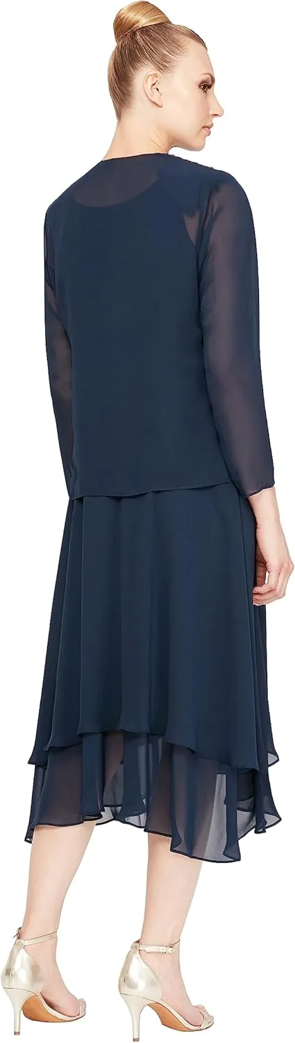 S.L. Fashions Women's Mother of the Bride Dress w/ Embellished Neckline & Shoulder, Wedding Guest (Petite and Regular Sizes)