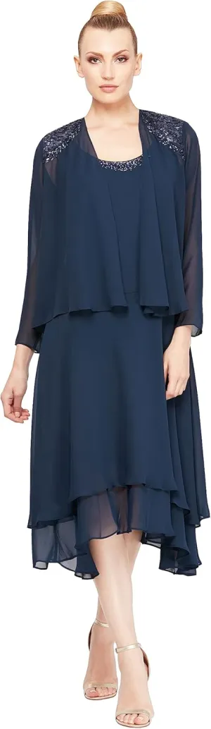 S.L. Fashions Women's Mother of the Bride Dress w/ Embellished Neckline & Shoulder, Wedding Guest (Petite and Regular Sizes)