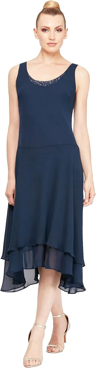 S.L. Fashions Women's Mother of the Bride Dress w/ Embellished Neckline & Shoulder, Wedding Guest (Petite and Regular Sizes)