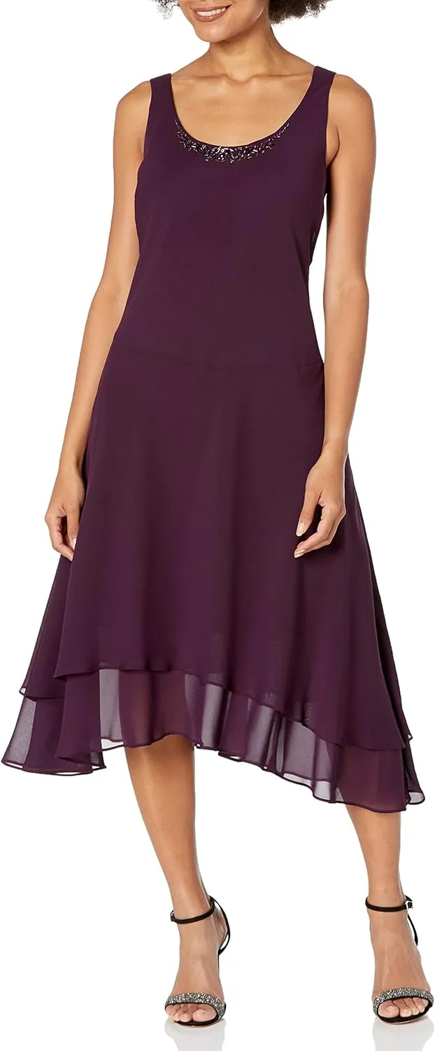 S.L. Fashions Women's Mother of the Bride Dress w/ Embellished Neckline & Shoulder, Wedding Guest (Petite and Regular Sizes)