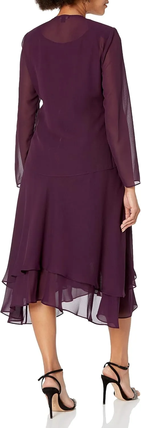 S.L. Fashions Women's Mother of the Bride Dress w/ Embellished Neckline & Shoulder, Wedding Guest (Petite and Regular Sizes)