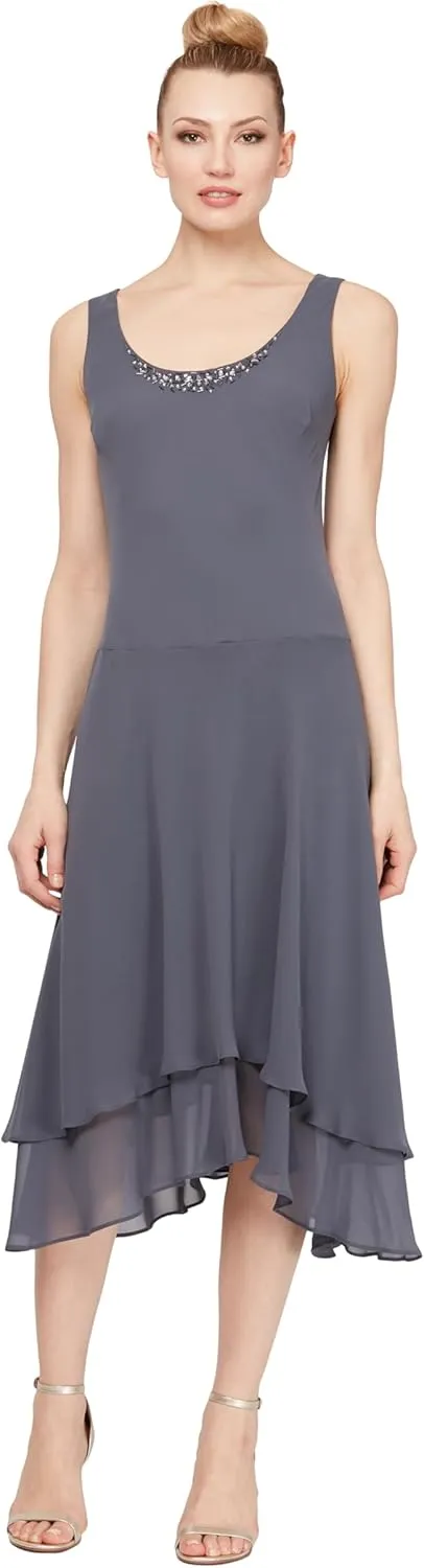 S.L. Fashions Women's Mother of the Bride Dress w/ Embellished Neckline & Shoulder, Wedding Guest (Petite and Regular Sizes)