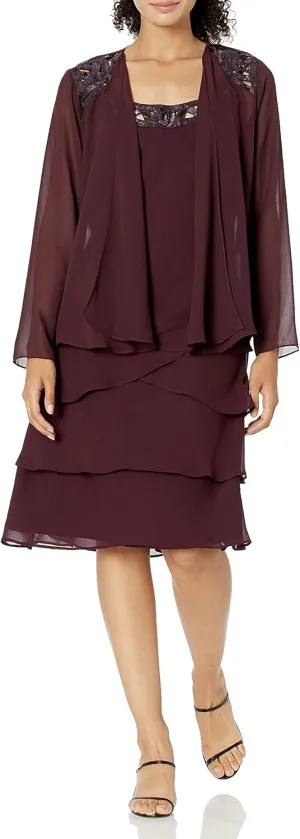 S.L. Fashions Women's Mother of The Bride Jacket Dress with Sequined Cut Out Shoulder (Petite and Regular Sizes)