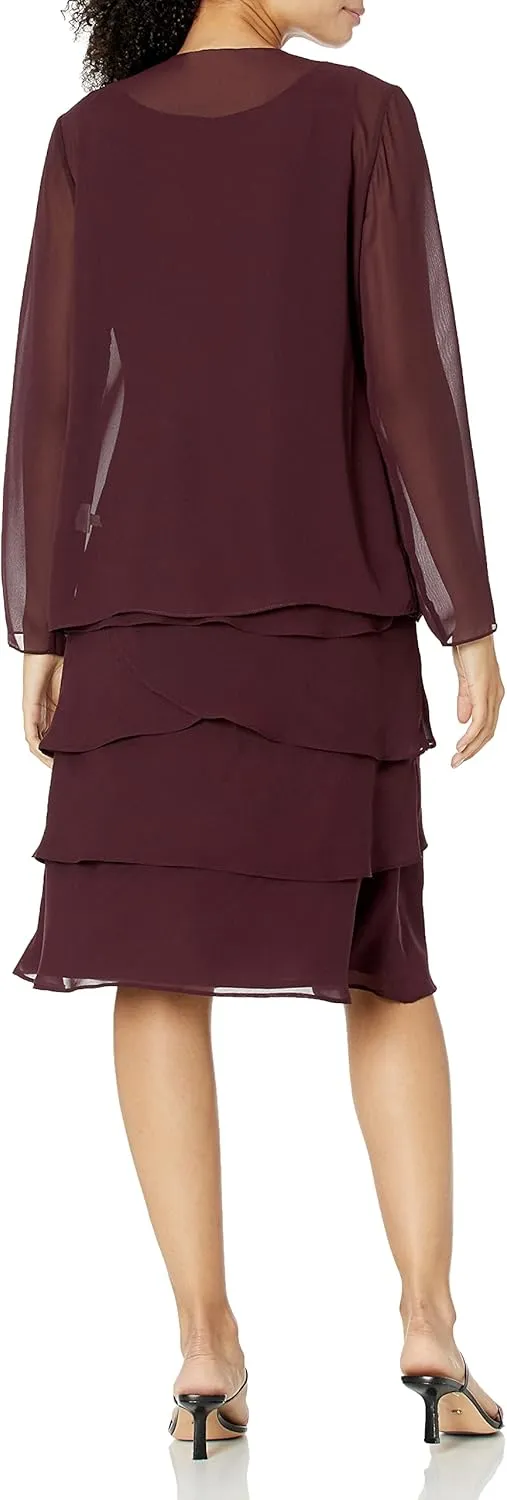 S.L. Fashions Women's Mother of The Bride Jacket Dress with Sequined Cut Out Shoulder (Petite and Regular Sizes)