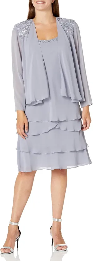 S.L. Fashions Women's Mother of The Bride Tiered Jacket Dress with Shoulder Embellishment (Petite and Regular Sizes)