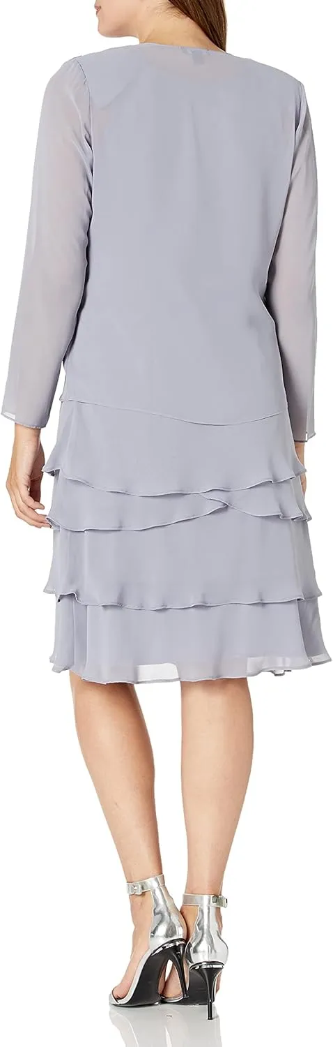 S.L. Fashions Women's Mother of The Bride Tiered Jacket Dress with Shoulder Embellishment (Petite and Regular Sizes)