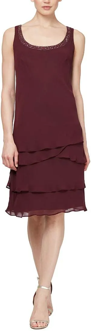 S.L. Fashions Women's Mother of The Bride Tiered Jacket Dress with Shoulder Embellishment (Petite and Regular Sizes)
