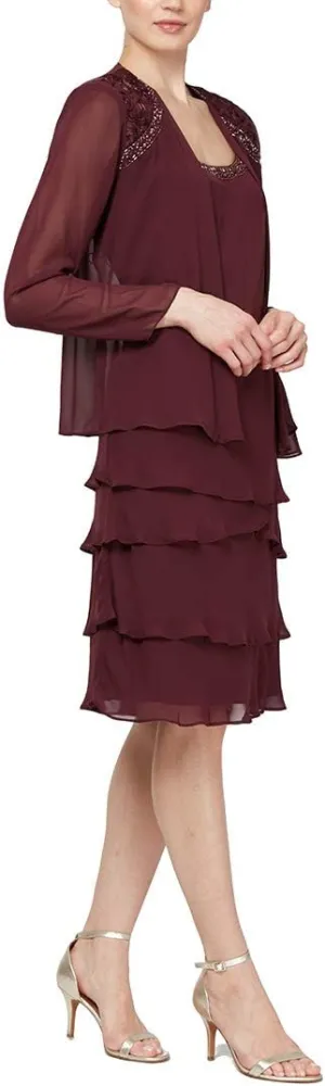 S.L. Fashions Women's Mother of The Bride Tiered Jacket Dress with Shoulder Embellishment (Petite and Regular Sizes)