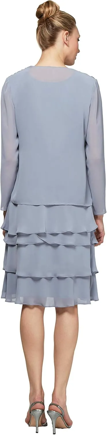 S.L. Fashions Women's Mother of The Bride Tiered Jacket Dress with Shoulder Embellishment (Petite and Regular Sizes)
