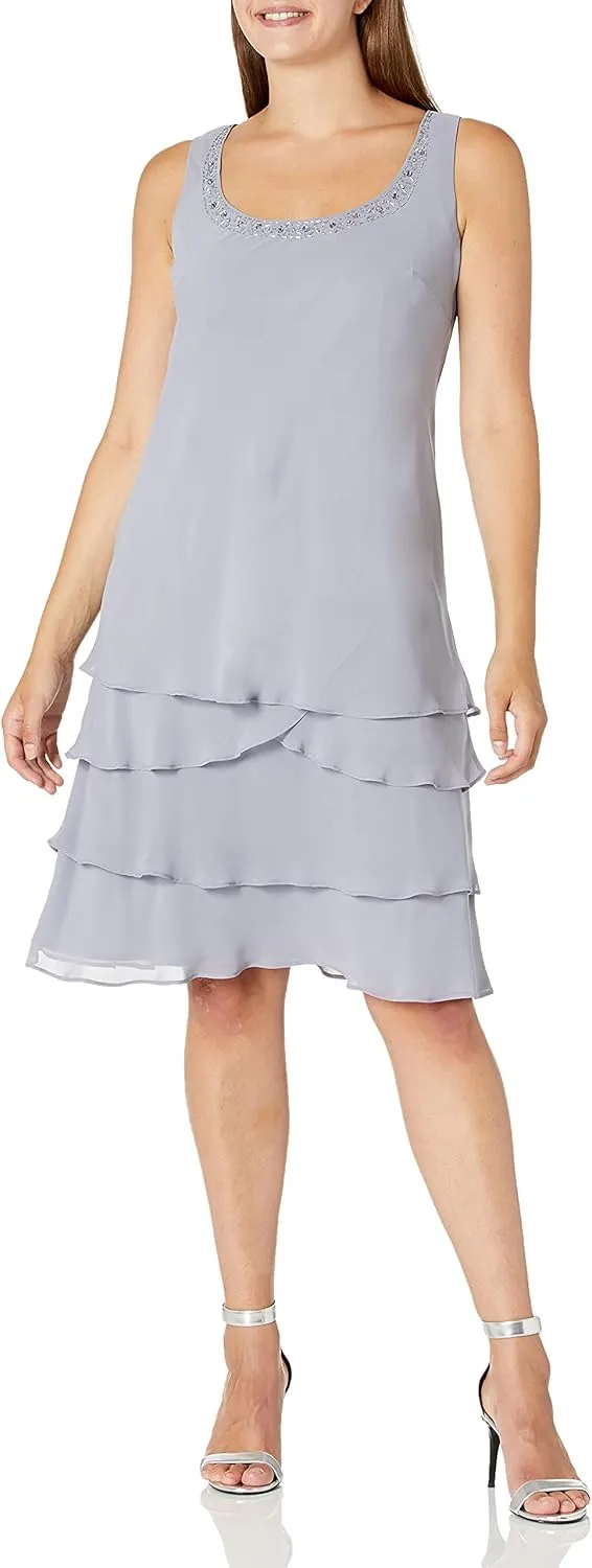 S.L. Fashions Women's Mother of The Bride Tiered Jacket Dress with Shoulder Embellishment (Petite and Regular Sizes)