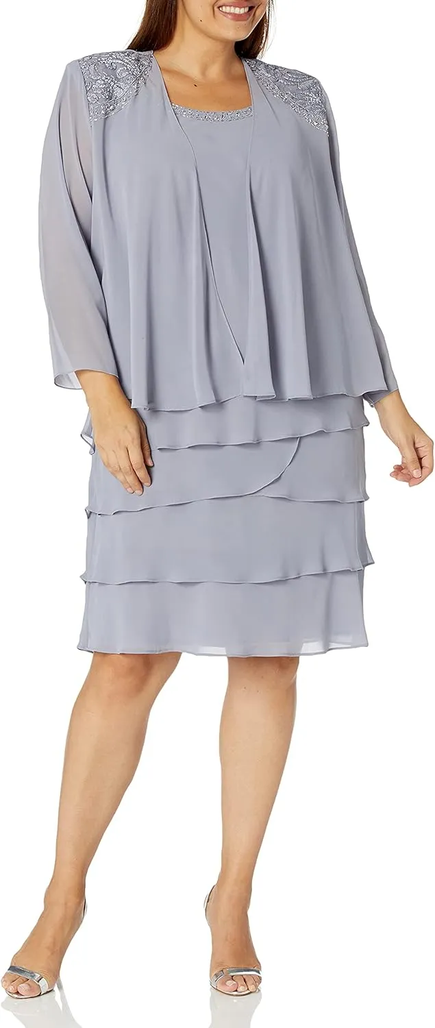 S.L. Fashions Women's Plus Size Two Piece Embellished Jacket Dress