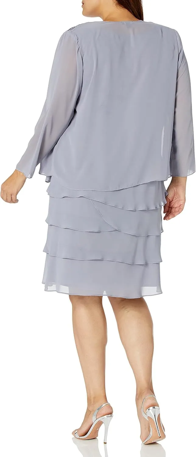 S.L. Fashions Women's Plus Size Two Piece Embellished Jacket Dress