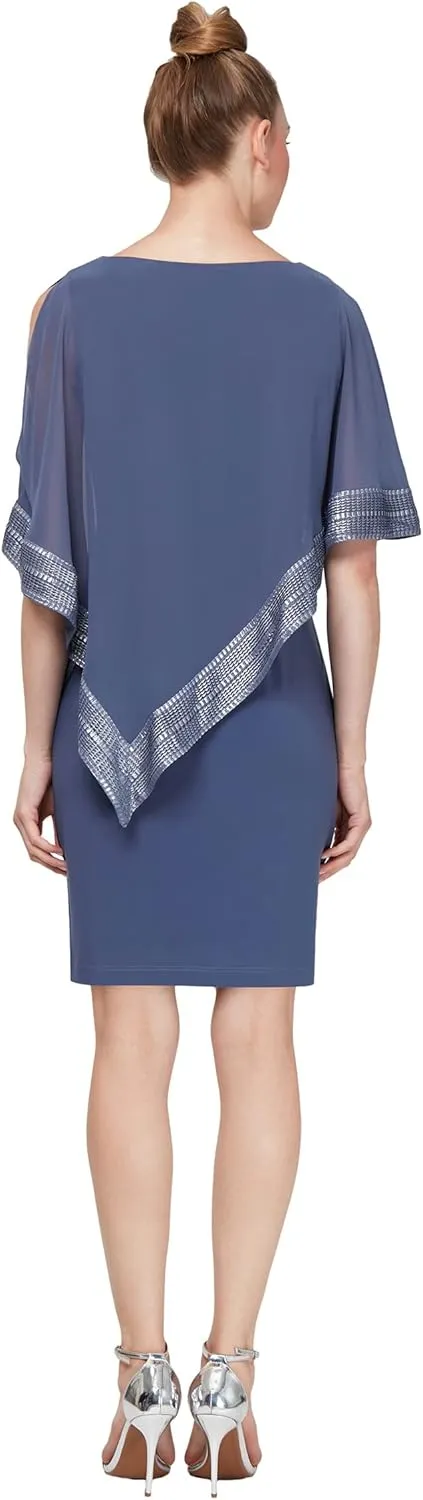 S.L. Fashions Women's Short Capelet Overlay Dress with Metallic Trim