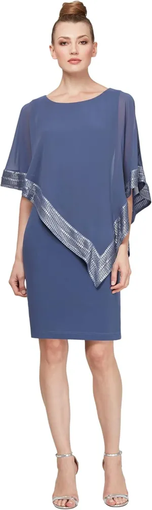 S.L. Fashions Women's Short Capelet Overlay Dress with Metallic Trim