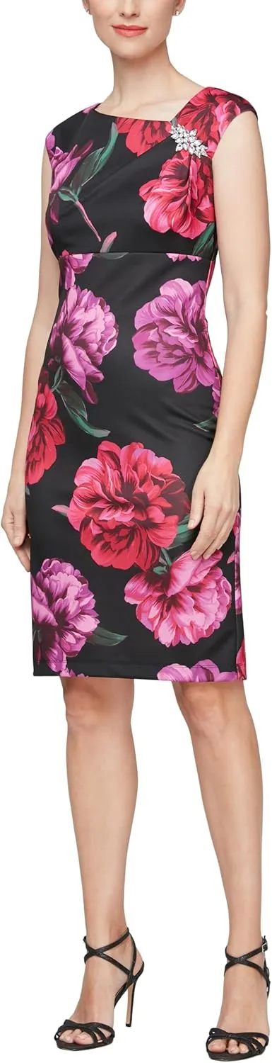 S.L. Fashions Women's Sleeveless Embellished L-Neck Short Stretch Sheath Dress