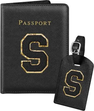 Slohif Passport Holder Initial Lugguage Tag Set Suitcase Cover Wallet Case for Travel Women - Leather Letter Passport Book Personalized Organizer Card Protector Sleeve Essentials Slim Carrier Black S