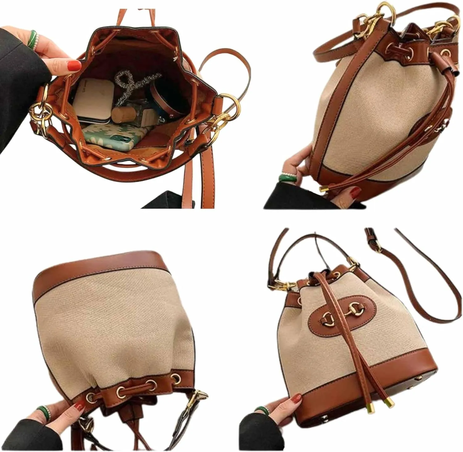 Small Light Brown Equestrian Bucket Crossbody Bag – Classic Vegan Leather & White Canvas Purse with Gold Horsebit Detail, 2 Straps, Preppy Country Club Chic Handbag for Timeless Everyday Elegance