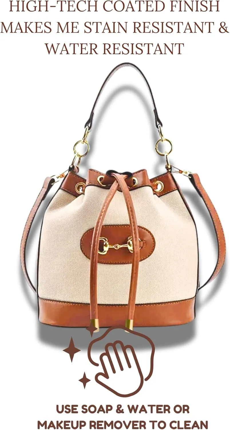 Small Light Brown Equestrian Bucket Crossbody Bag – Classic Vegan Leather & White Canvas Purse with Gold Horsebit Detail, 2 Straps, Preppy Country Club Chic Handbag for Timeless Everyday Elegance