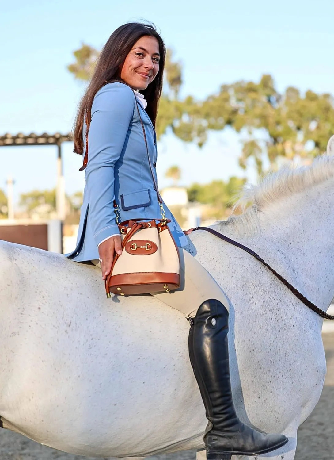 Small Light Brown Equestrian Bucket Crossbody Bag – Classic Vegan Leather & White Canvas Purse with Gold Horsebit Detail, 2 Straps, Preppy Country Club Chic Handbag for Timeless Everyday Elegance