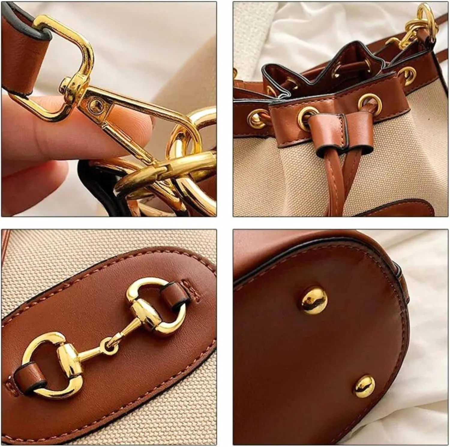 Small Light Brown Equestrian Bucket Crossbody Bag – Classic Vegan Leather & White Canvas Purse with Gold Horsebit Detail, 2 Straps, Preppy Country Club Chic Handbag for Timeless Everyday Elegance