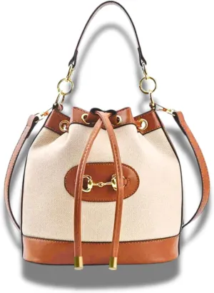 Small Light Brown Equestrian Bucket Crossbody Bag – Classic Vegan Leather & White Canvas Purse with Gold Horsebit Detail, 2 Straps, Preppy Country Club Chic Handbag for Timeless Everyday Elegance