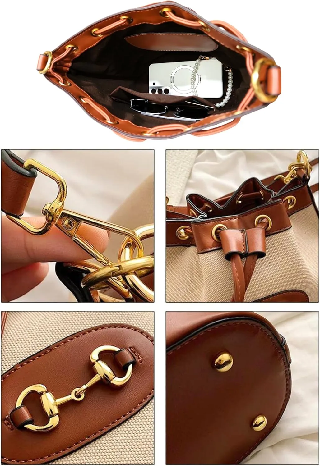 Small Light Brown Equestrian Bucket Crossbody Bag – Classic Vegan Leather & White Canvas Purse with Gold Horsebit Detail, 2 Straps, Preppy Country Club Chic Handbag for Timeless Everyday Elegance