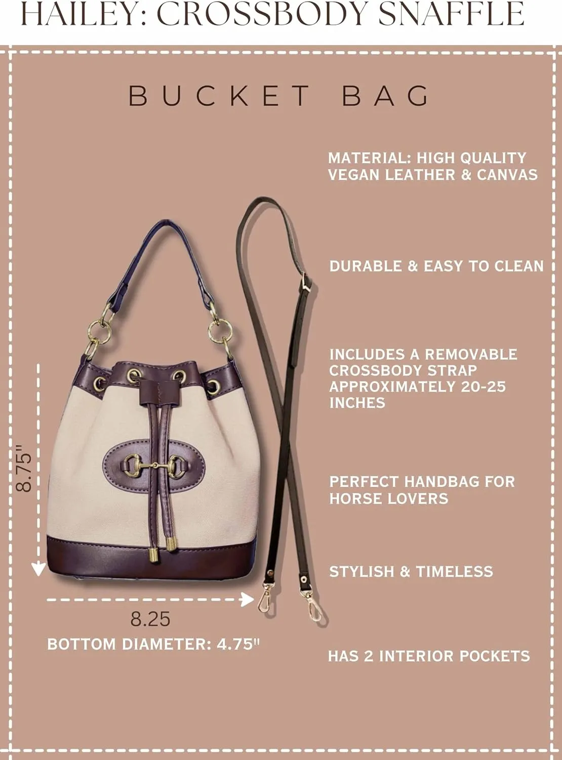 Small Light Brown Equestrian Bucket Crossbody Bag – Classic Vegan Leather & White Canvas Purse with Gold Horsebit Detail, 2 Straps, Preppy Country Club Chic Handbag for Timeless Everyday Elegance