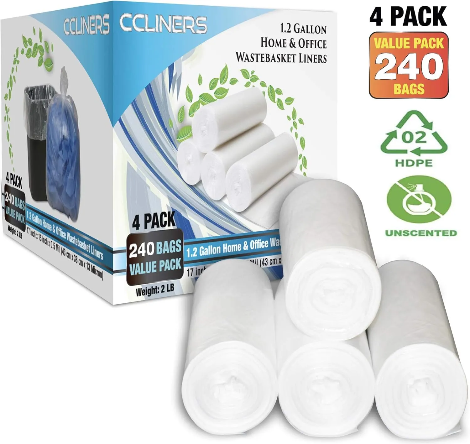 Small Trash Bags CCLINERS 1.2 Gallon 240 Small Clear Garbage Bags Mini Bathroom 1 Gallon Trash Bags, 240 Count