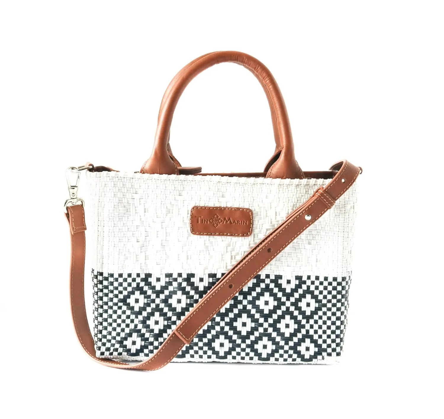 Small Woven Crossbody Bag - Tan Leather Handles, Crossbody Strap and Zipper Closure, Handwoven Plastic Bag, Oaxaca Mexican Recycled Plastic Woven Bag, Summer Bag, Small Crossbody Purse