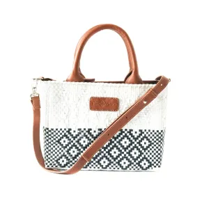 Small Woven Crossbody Bag - Tan Leather Handles, Crossbody Strap and Zipper Closure, Handwoven Plastic Bag, Oaxaca Mexican Recycled Plastic Woven Bag, Summer Bag, Small Crossbody Purse